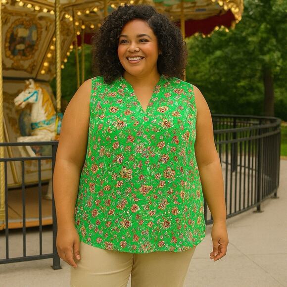 Rose + Olive Top NWT Size 3x Boldly In Bloom Sleeveless Floral V-Neck Popover - Picture 1 of 7